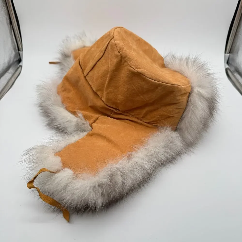 Genuine Rabbit Fur Trapper Hat Ushanka Made in Russia Tan Suede Vintage
